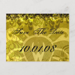 Carte Postale Faire-part Enregistrer la date - Damask jaune et vert