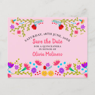 Carte Postale Faire-part Enregistrer la date Floral Mexicain Fiesta rose