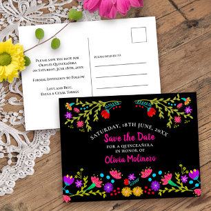 Carte Postale Faire-part Enregistrer la date Floral Mexicaine Fiesta Black