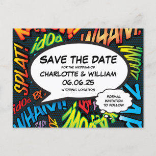 Carte Postale Faire-part Enregistrer la date Fun Modern Comic Book Mariage