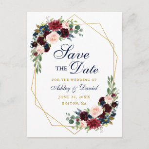 Carte Postale Faire-part Enregistrer la date Gold Frame Burgundy Blue Flora
