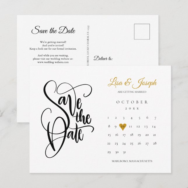 Carte Postale Faire-part Enregistrer la date Gold Heart Calendar QR Code (Devant / Derrière)