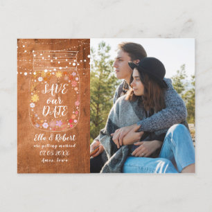 Carte Postale Faire-part Enregistrer la date Mason Jar String Lights Rustic