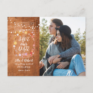 Carte Postale Faire-part Enregistrer la date Mason Jar String Lights Rustic