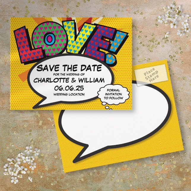 Carte Postale Faire-part Enregistrer la date Modern Fun Comic Book Love (Save the Date Modern Fun Comic Book Love Announcement Postcard)