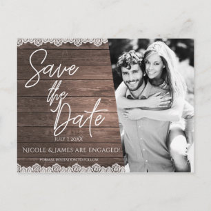 Carte Postale Faire-part Enregistrer la date Moderne Rustique Bois & dentel