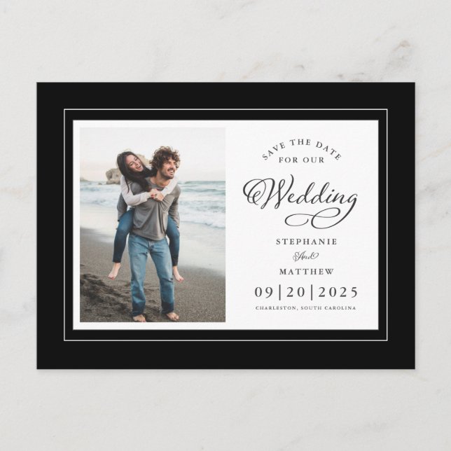 Carte Postale Faire-part Enregistrer La Date Photo Black & White Elegant We (Devant)