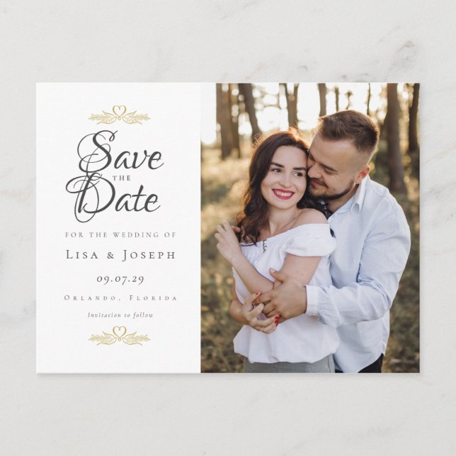 Carte Postale Faire-part Enregistrer la date Photo Mariage Gold Hearts Scri (Devant)