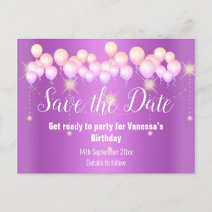 Carte Postale Faire-part Enregistrer la date Pink Balloons Sparkle All Occa