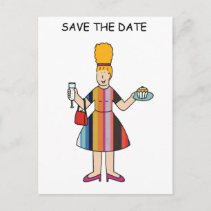 Carte Postale Faire-part Enregistrer la date pour Tea Party Cartoon Lady
