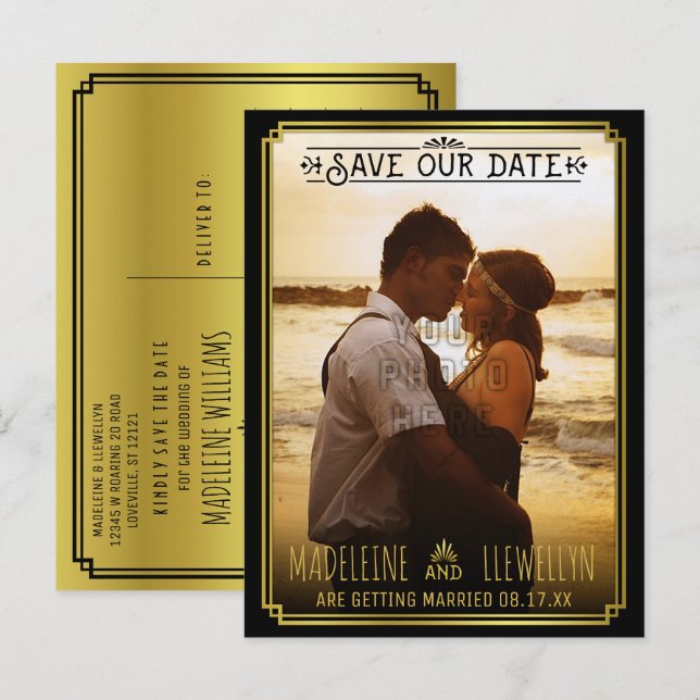 Carte Postale Faire-part Enregistrer la date Retro Black Gold Deco Mariage  (Devant / Derrière)