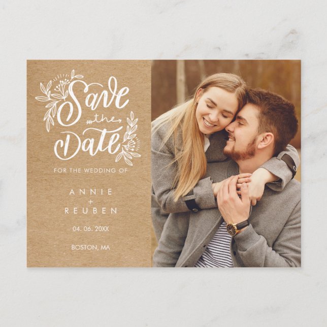 Carte Postale Faire-part Enregistrer la date Rustic Kraft photo de script m (Devant)