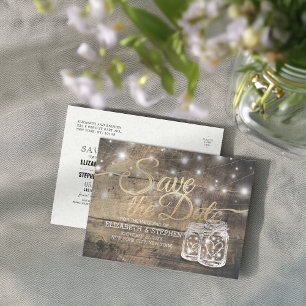 Carte Postale Faire-part Enregistrer La Date Rustique Bois Mason Jar Éclair