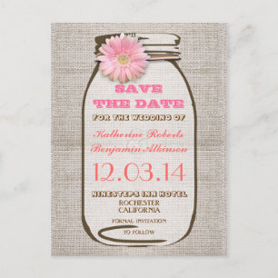 Carte Postale Faire-part enregistrer la date rustique burlap mason jar rose
