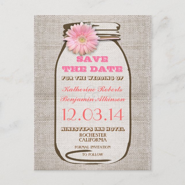 Carte Postale Faire-part enregistrer la date rustique burlap mason jar rose (Devant)