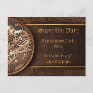 Carte Postale Faire-part Enregistrer la date steampunk engrenages or brun