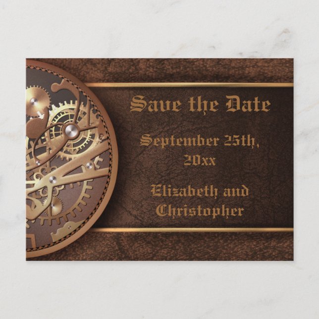 Carte Postale Faire-part Enregistrer la date steampunk engrenages or brun (Devant)