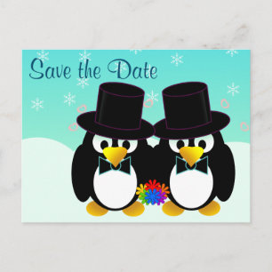Carte Postale Faire-part Enregistrer les pingouins Mariages de date