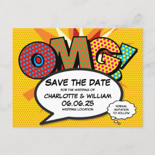 Carte Postale Faire-part Enregistrez la date d'amour moderne Fun Comic Book