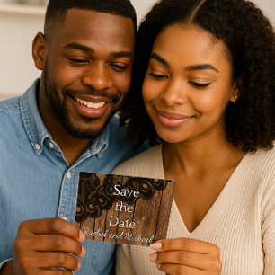 Carte Postale Faire-part Enregistrez la date Faux cuir noir et bois