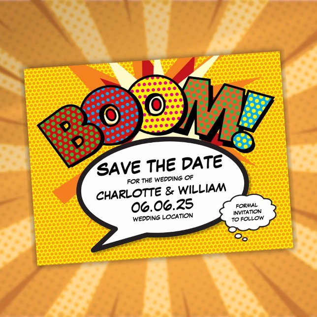 Carte Postale Faire-part Enregistrez la date Fun Modern bande dessinée Boom (Save the Date Modern Fun Comic Book Boom Announcement Postcard)