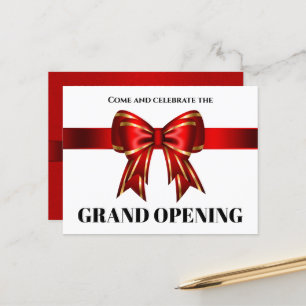 Carte Postale Faire-part Entreprise grand ouverture rouge ruban or arc VIP