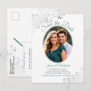 Carte Postale Faire-part Épargnes de mariage avec photo sarcelle et frisure