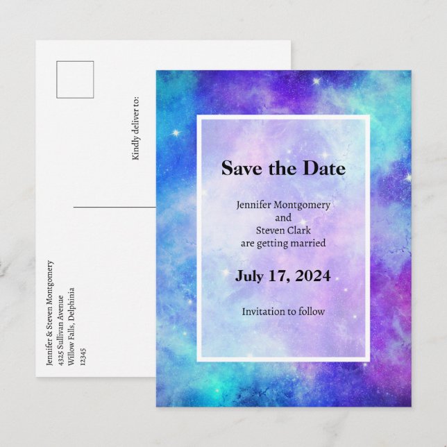 Carte Postale Faire-part Espace de galaxie violet et bleu Abstrait (Devant / Derrière)