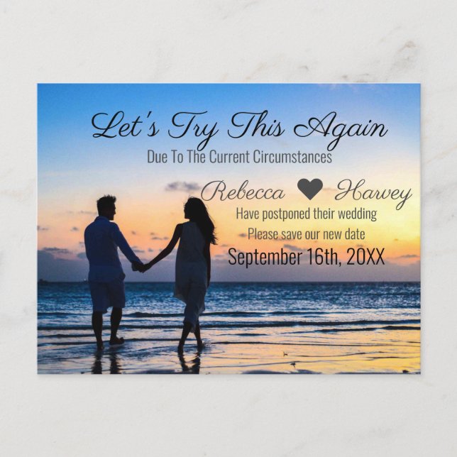 Carte Postale Faire-part Essayons de nouveau mariage plage Postponement (Devant)