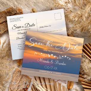 Carte Postale Faire-part Eté moderne Sunset Beach Mariage Sauvez la date
