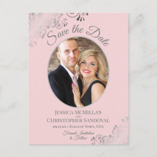 Carte Postale Faire-part Étiquette de mariage rose à dentelle argentée oval