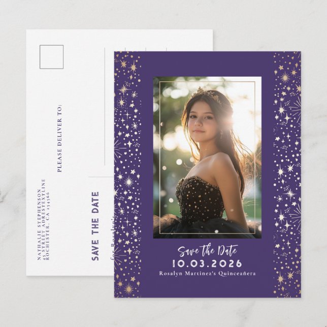 Carte Postale Faire-part Étoiles Céleste QUINCEANERA Enregistrer la Date Ph (Devant / Derrière)