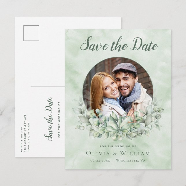 Carte Postale Faire-part Eucalyptus aquarelle photo mariage Enregistrer la  (Devant / Derrière)