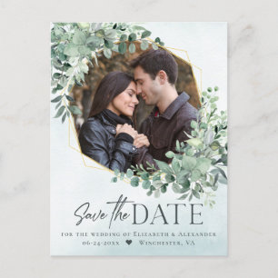 Carte Postale Faire-part Eucalyptus Bleu Poussiéreux Mariage Photo Enregist