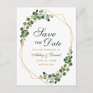 Carte Postale Faire-part Eucalyptus botanique vert Enregistrer la date Or