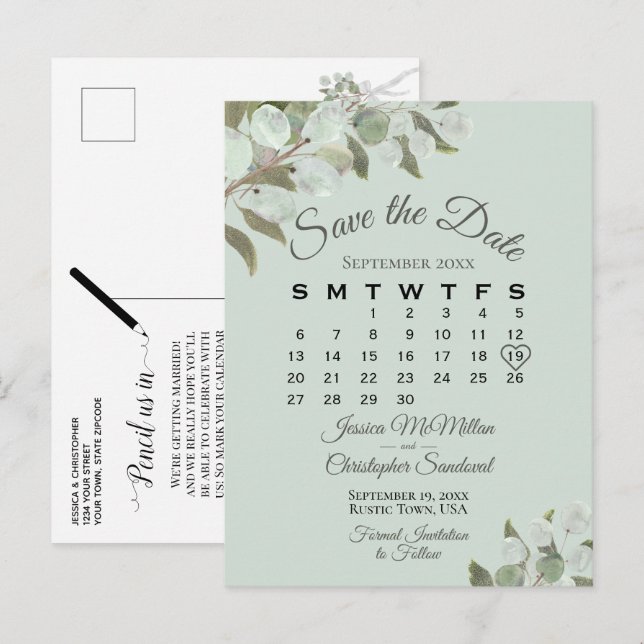 Carte Postale Faire-part Eucalyptus Calendrier Monnaie Mariage Enregistrer  (Devant / Derrière)