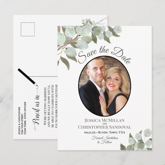 Carte Postale Faire-part Eucalyptus et Photo Mariage Blanc Enregistrez la D (Devant / Derrière)