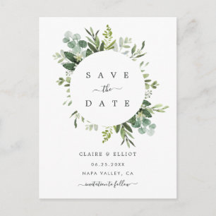 Carte Postale Faire-part Eucalyptus Foliage Circle Frame Enregistrer la dat