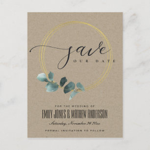 CARTE POSTALE FAIRE-PART EUCALYPTUS GREEN KRAFT FAUNA WREATH SAUVER LA DATE