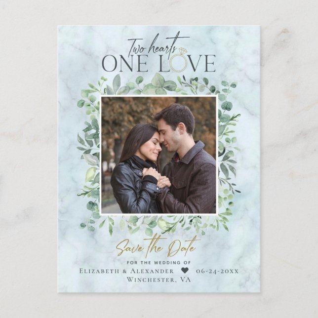Carte Postale Faire-part Eucalyptus Marbre photo mariage Enregistrer la dat (Devant)