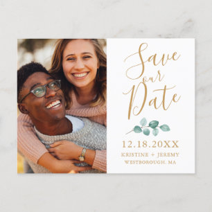 Carte Postale Faire-part Eucalyptus Or Script Photo Sauver Notre Rendez-vou
