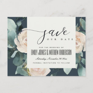 CARTE POSTALE FAIRE-PART EUCALYPTUS ROSE ROSE PÂLE BLEU MARINE KRAFT ÉCONOM