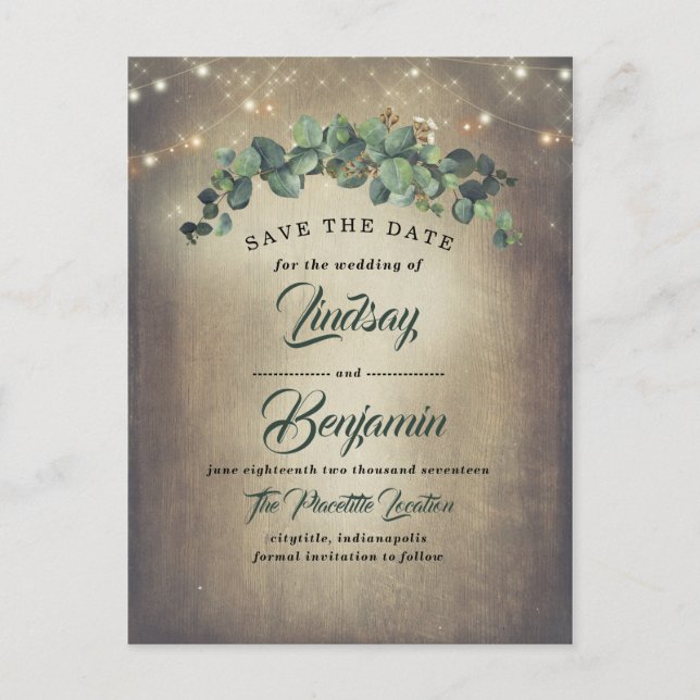 Carte Postale Faire-part Eucalyptus Verdure Rustique Enregistrer la date (Devant)