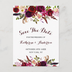 Carte Postale Faire-part Événement Mariage Bohème Bourguignon Marsala Fleur