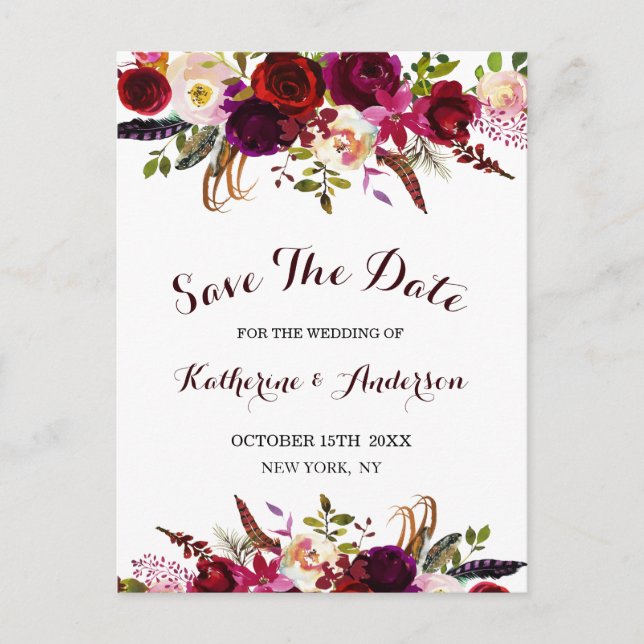 Carte Postale Faire-part Événement Mariage Bohème Bourguignon Marsala Fleur (Devant)