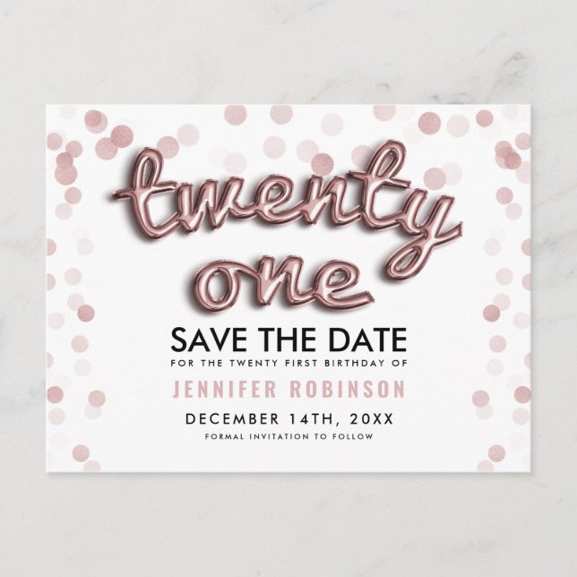 Carte Postale Faire-part Faire part 21 ans Ballons Rose Gold (Devant)