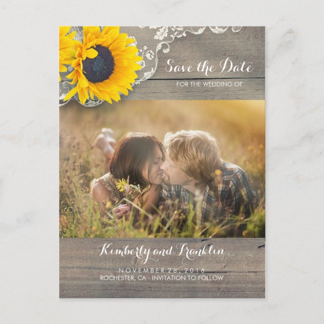 Carte Postale Faire-part Faire part de date de Rustic Sunflower Lace Photo (Devant)