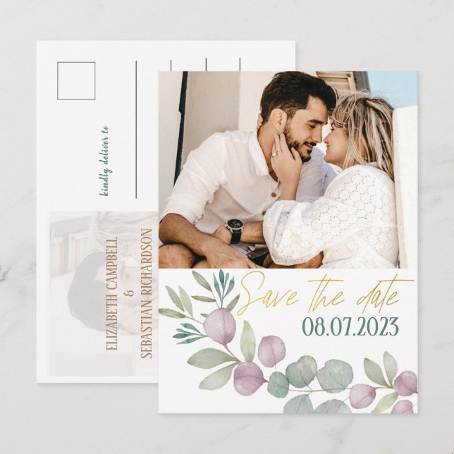 Carte Postale Faire-part Faire part de mariage à l'aquarelle Eucalyptus Mod (Devant / Derrière)