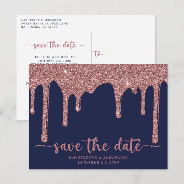 Carte Postale Faire-part Faire part de mariage à paillettes bleu marine et  (Devant / Derrière)