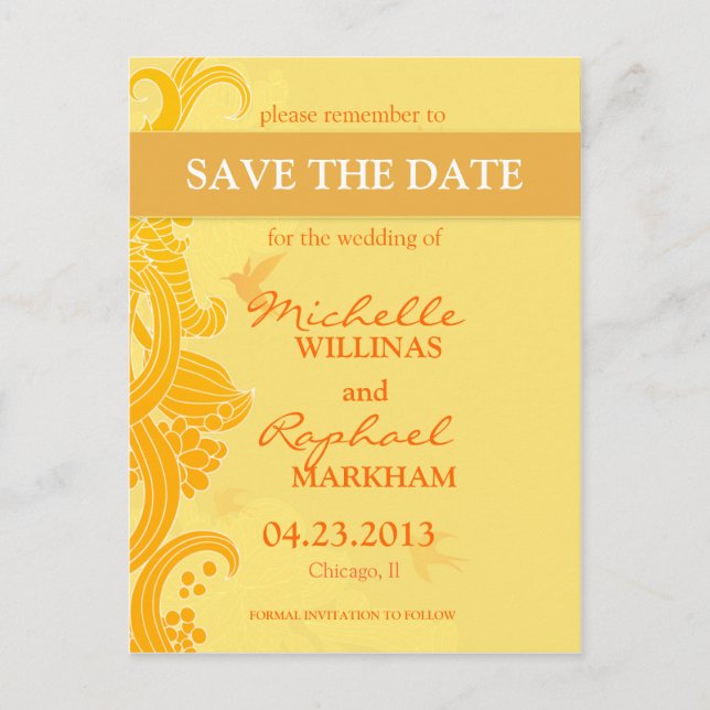 Carte Postale Faire-part Faire part de mariage oiseaux jaune citron (Devant)